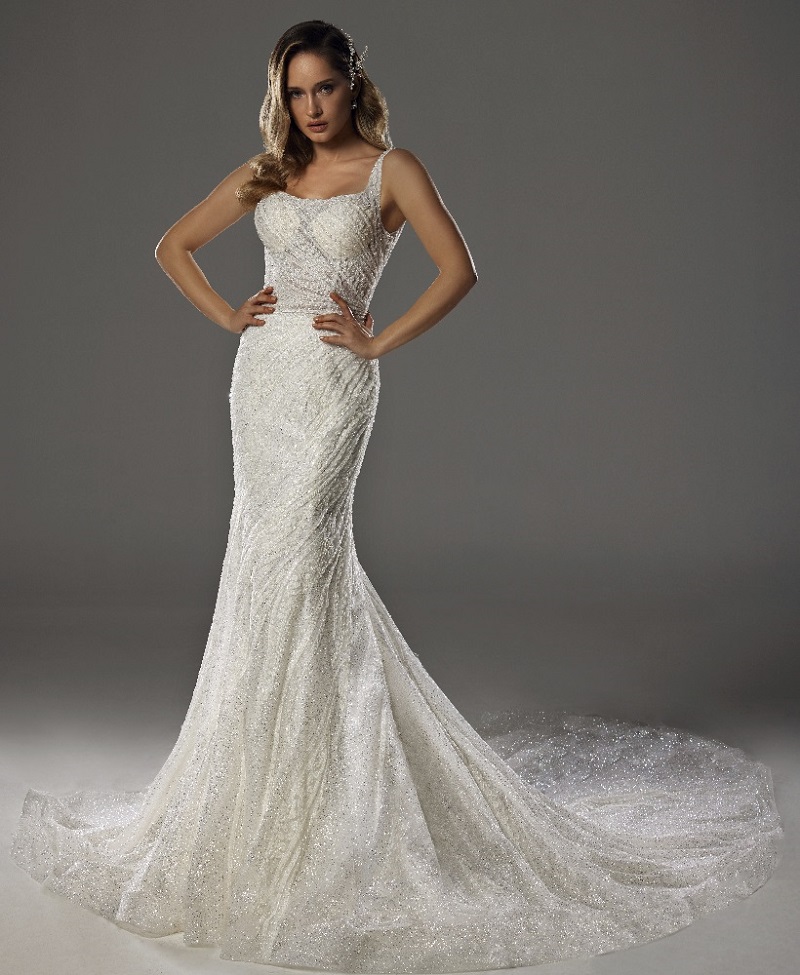 Kare Yaka Askılı Komple Dantel Ve Taş İşlemeli Balık Gelinlik